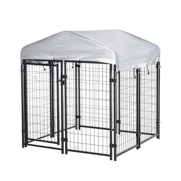 Pawhut 4' X 4' X 4.5' Dog Playpen Outdoor, Dog Kennel Dog Exercise Pen With Lockable Door, Water Resistant Canopy, For Small And Medium Dogs Black Steel