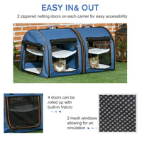 Pawhut 39" Portable Soft Sided Pet Cat Carrier With Divider, Two Compartments, Soft Cushions, & Storage Bag, Blue Blue Metal