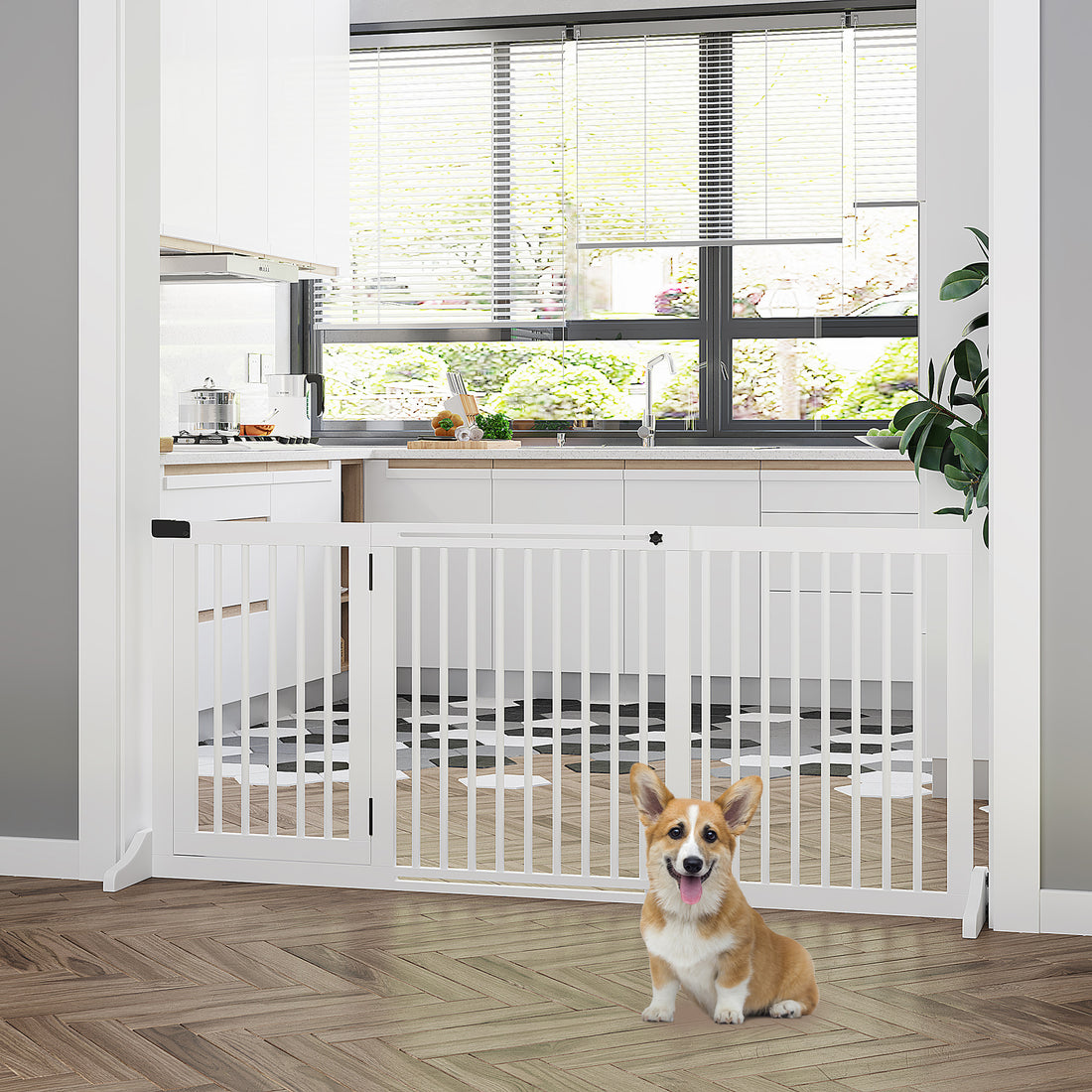 Pawhut Adjustable Wooden Pet Gate, Freestanding Dog Fence For Doorway, Hall, 3 Panels W Safety Barrier, Lockable Door, White, 44.5" 65.25" L X 14.25" H White Wood