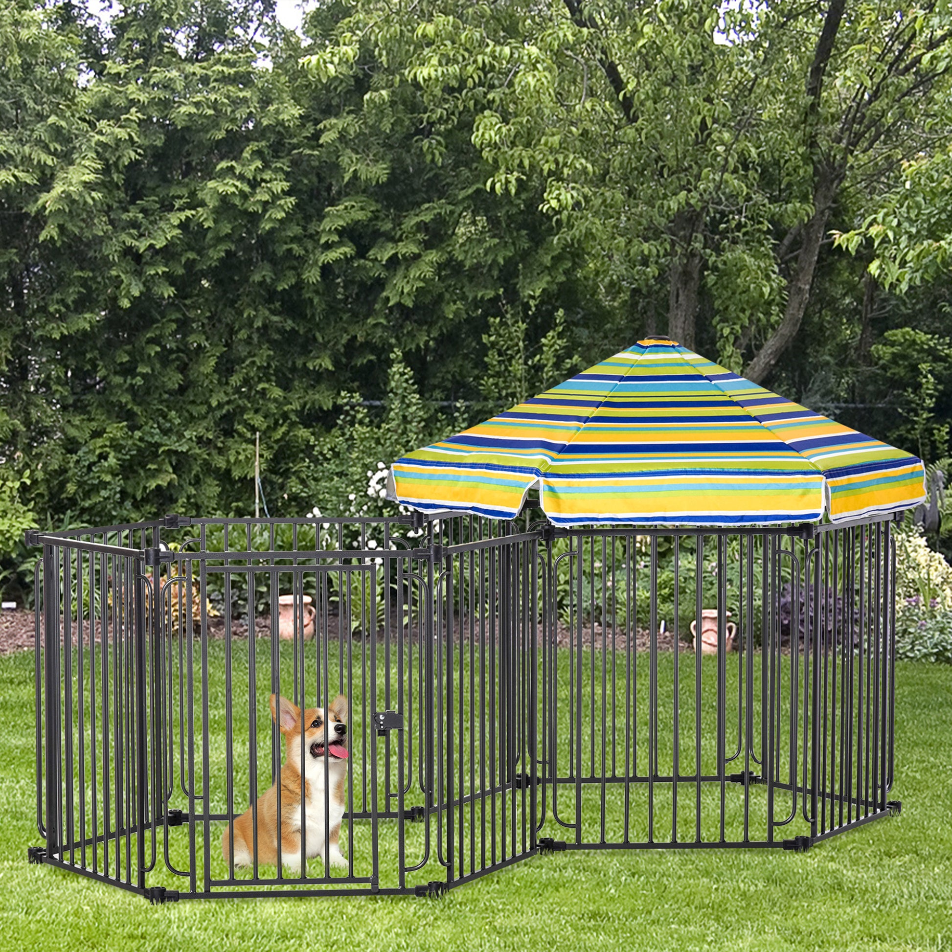 Pawhut Dog Playpen With Door & Removable Cover For Small & Most Medium Sized Dogs Indoor & Outdoor Use, 47" H Black Steel