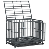 Pawhut 43" Heavy Duty Dog Crate Metal Cage Kennel With Lockable Wheels, Double Door And Removable Tray, Grey Gray Steel