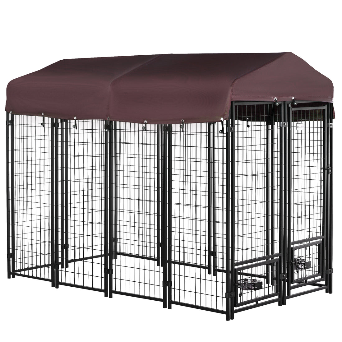 Pawhut 8' X 4' X 6' Outdoor Dog Kennel With Rotating Bowl Holders, Walk In Pet Playpen, Welded Wire Steel With Water And Uv Resistant Canopy, Red Red Steel