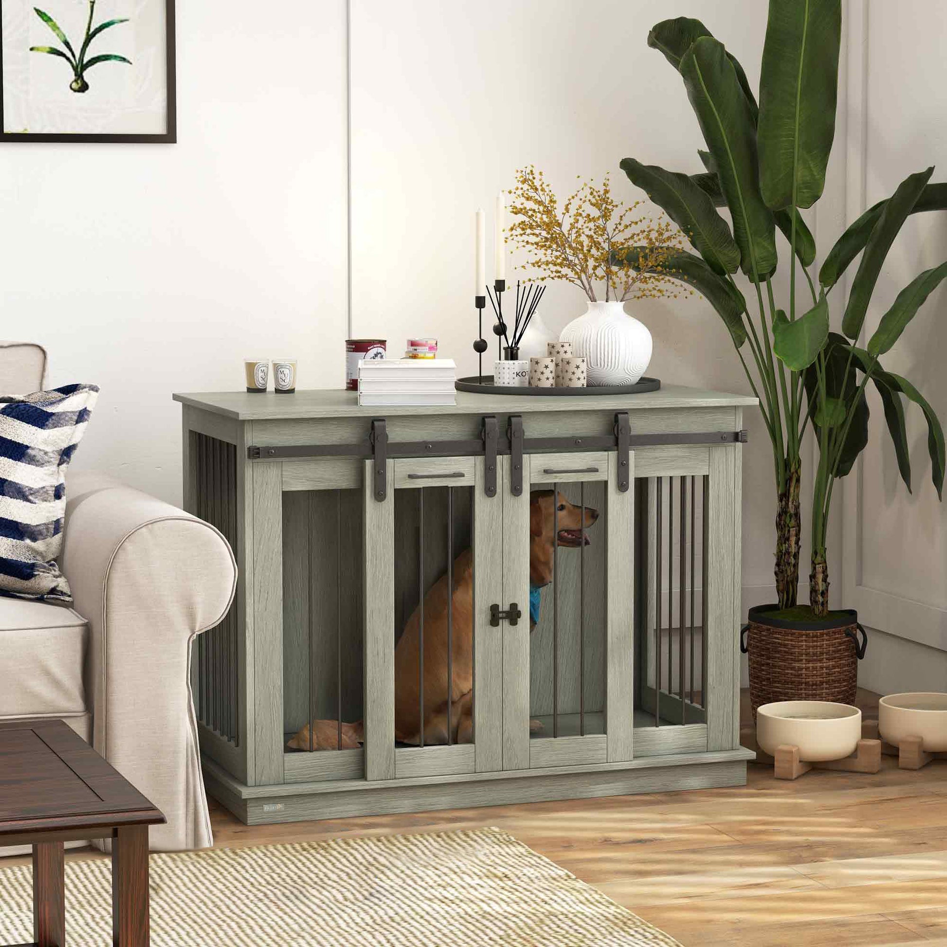 Pawhut Dog Crate Furniture With Divider, Dog Crate End Table For Small To Large Dogs, Large Indoor Dog Kennel With Double Doors, 47"W X 23.5"D X 35"H, Gray Gray Steel