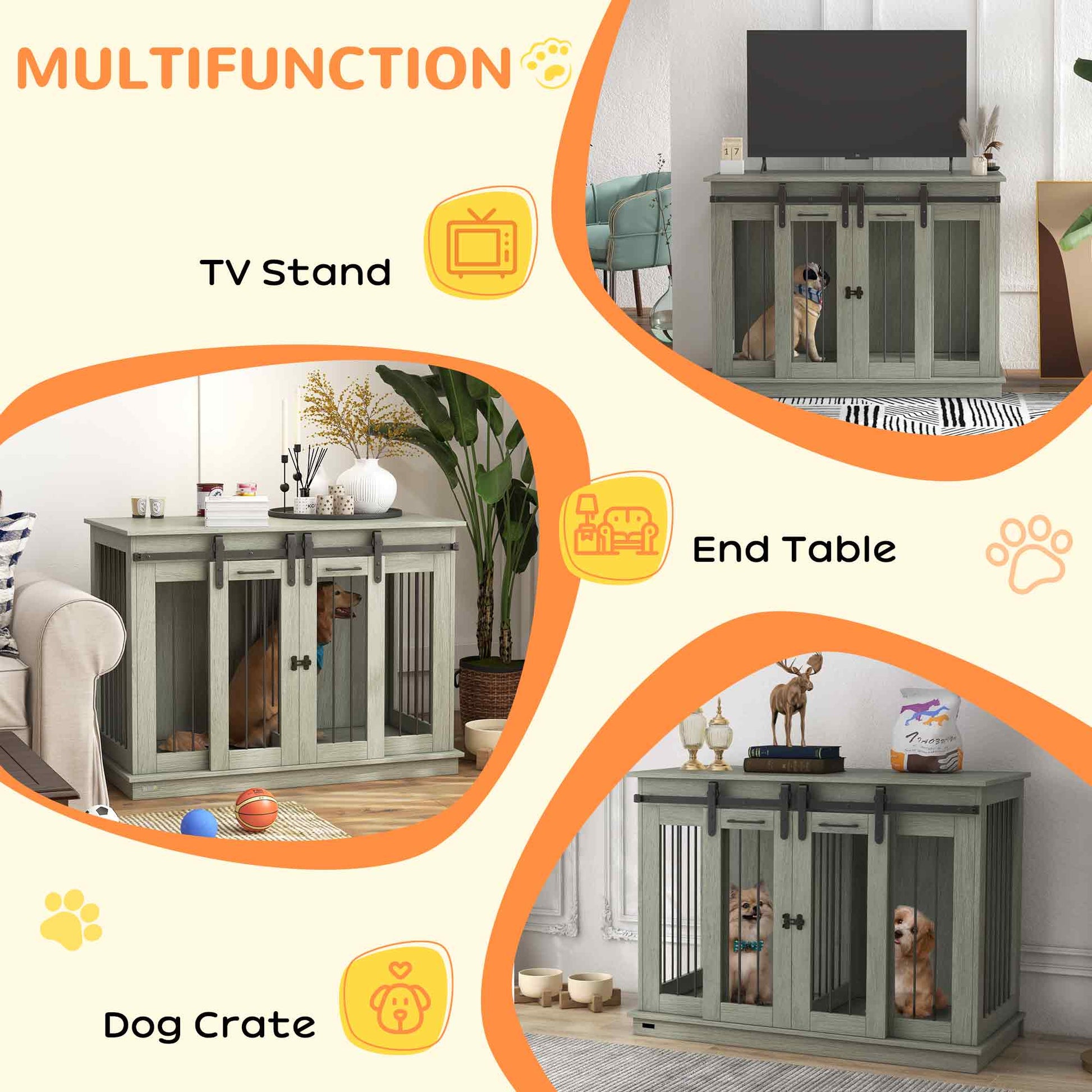 Pawhut Dog Crate Furniture With Divider, Dog Crate End Table For Small To Large Dogs, Large Indoor Dog Kennel With Double Doors, 47"W X 23.5"D X 35"H, Gray Gray Steel