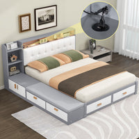 Queen Size Low Profile Platform Bed Frame With Upholstery Headboard And Storage Shelves And Drawers,Usb Charging Design,Gray Queen Gray Solid Wood Mdf