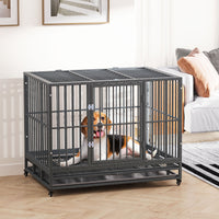 Pawhut 43" Heavy Duty Dog Crate Metal Cage Kennel With Lockable Wheels, Double Door And Removable Tray, Grey Gray Steel