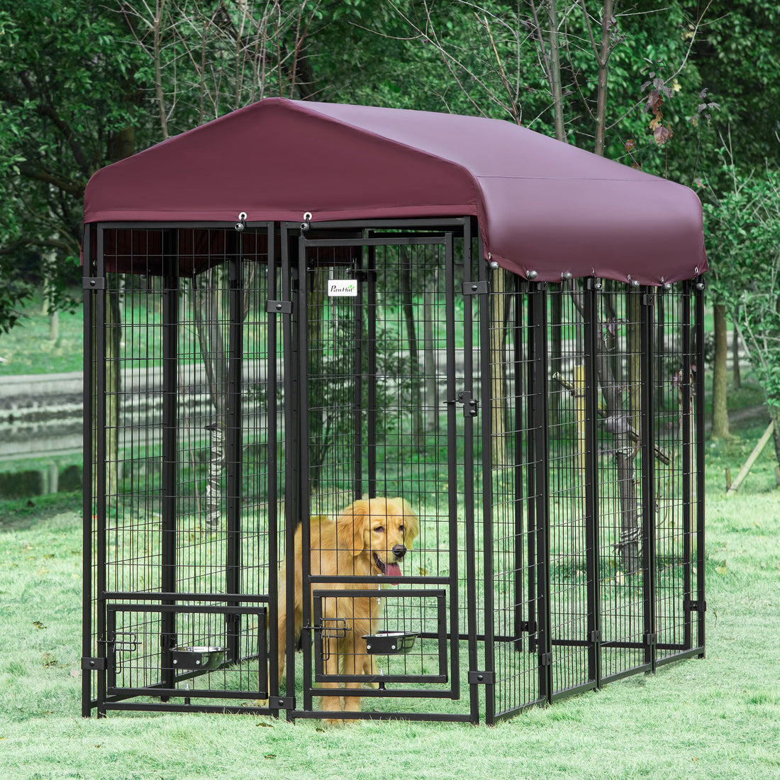 Pawhut 8' X 4' X 6' Outdoor Dog Kennel With Rotating Bowl Holders, Walk In Pet Playpen, Welded Wire Steel With Water And Uv Resistant Canopy, Red Red Steel