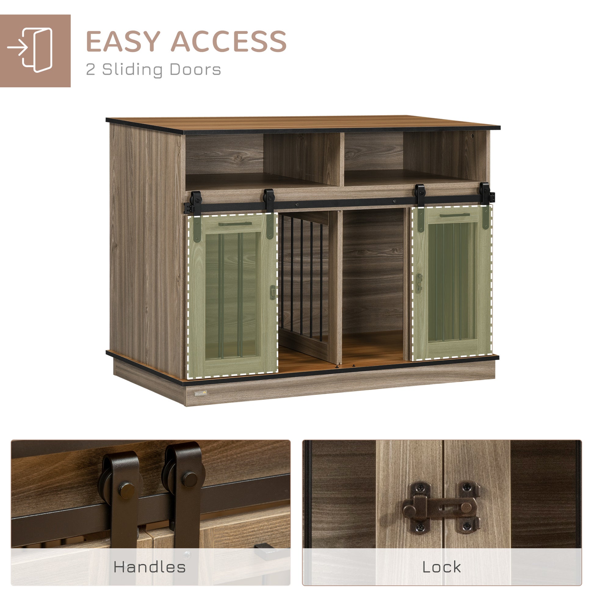 Pawhut Dog Crate Furniture For Large Dogs Or Double Dog Kennel For Small Dogs With Shelves, Sliding Doors, 47" X 23.5" X 35", Oak Natural Steel