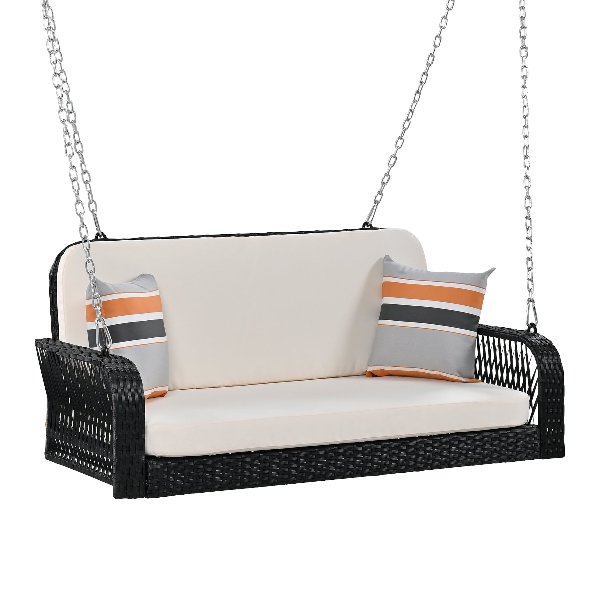 Pe Wicker Porch Swing, 2 Seater Hanging Bench With Chains, Patio Furniture Swing For Backyard Garden Poolside, Black And Beige Beige Black Foam Wicker