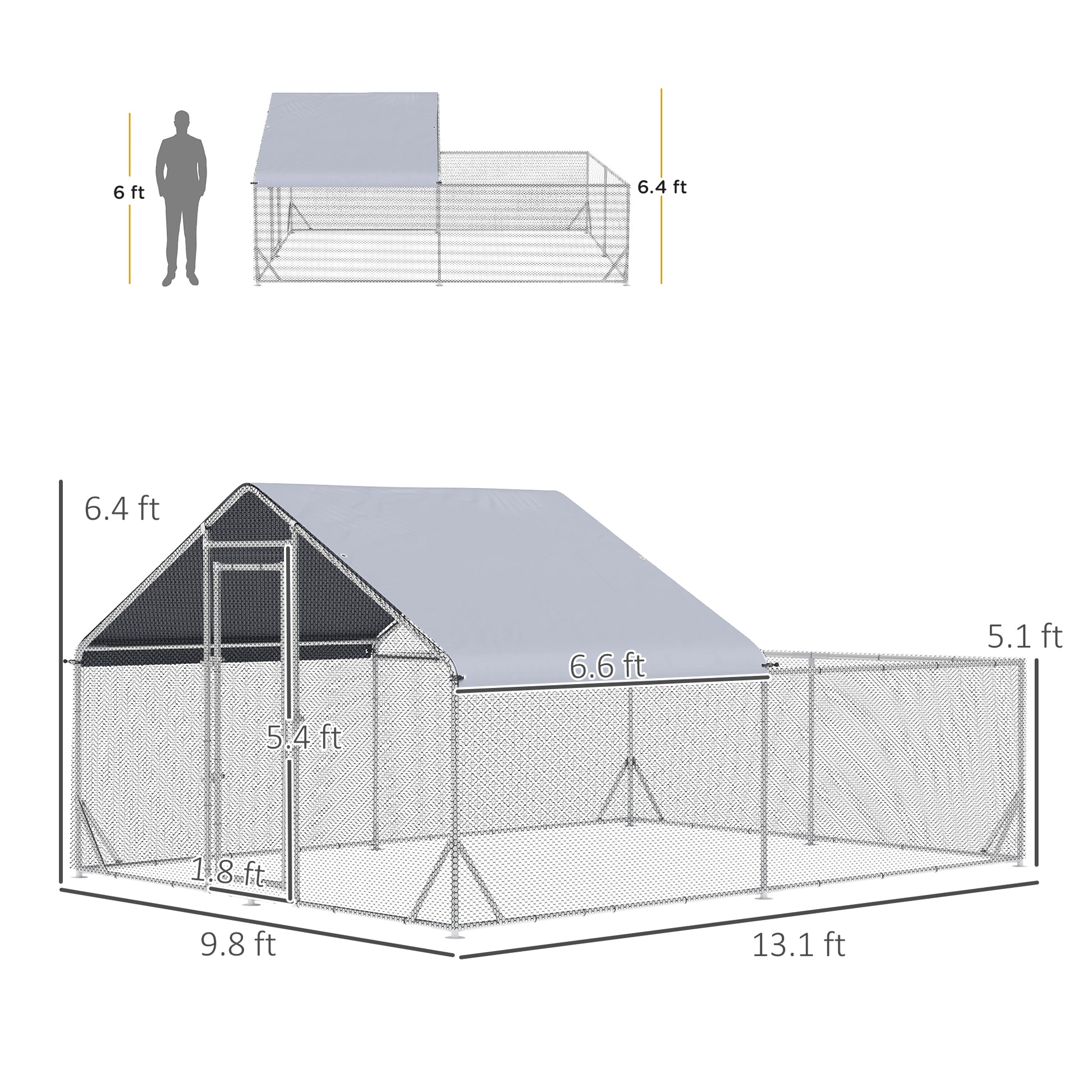 Pawhut Large Chicken Coop Metal Chicken Run For Chickens With Waterproof And Anti Uv Cover, Spire Shaped Walk In Fence Cage Hen House For Outdoor And Yard Farm Use, 1" Dia, 9.8' X 13.1' X 6.4' Silver Steel