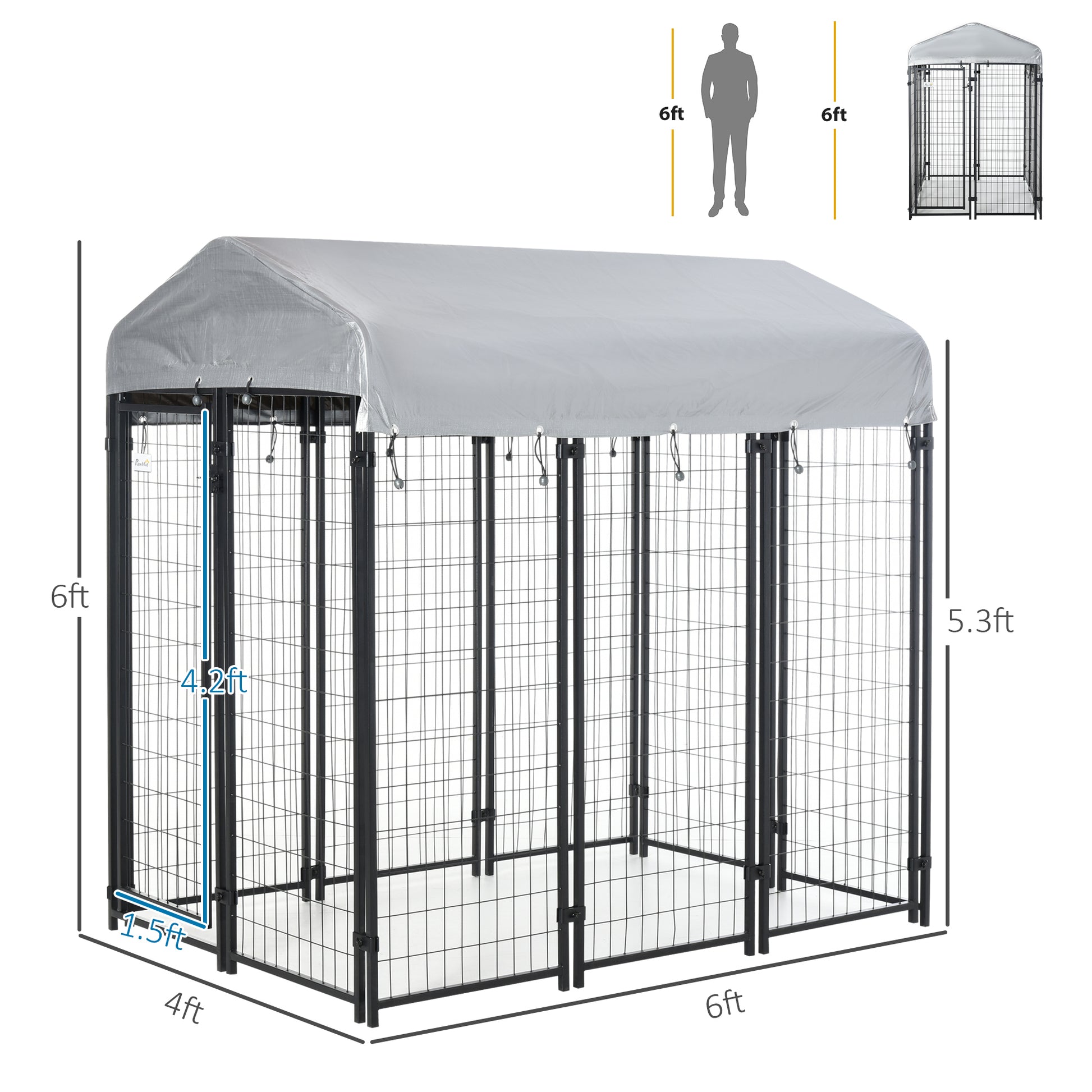 Pawhut 6' X 4' X 6' Dog Playpen Outdoor, Dog Kennel Dog Exercise Pen With Lockable Door, Water Resistant Canopy, For Medium And Large Dogs Black Steel