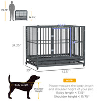 Pawhut 43" Heavy Duty Dog Crate Metal Cage Kennel With Lockable Wheels, Double Door And Removable Tray, Grey Gray Steel