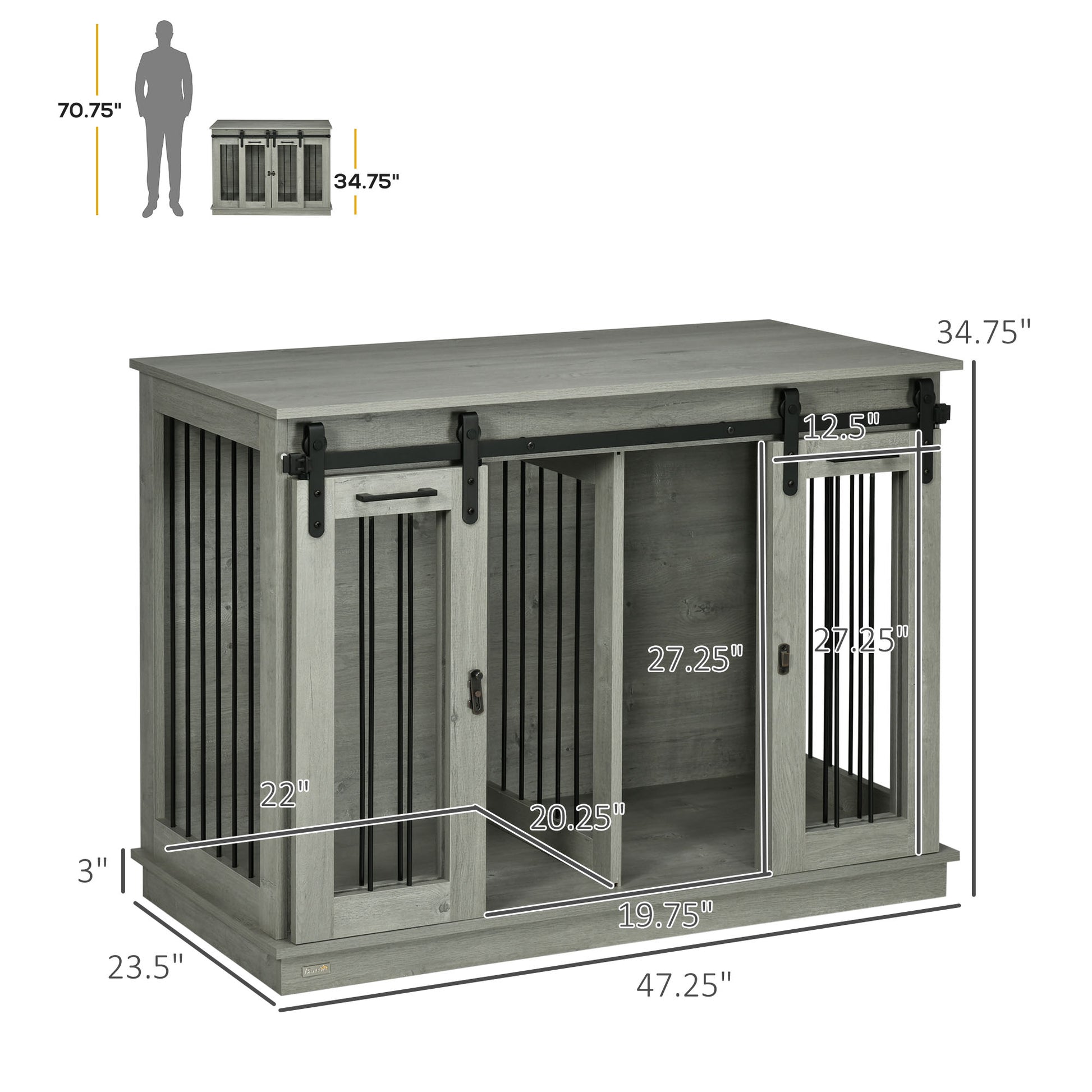 Pawhut Dog Crate Furniture With Divider, Dog Crate End Table For Small To Large Dogs, Large Indoor Dog Kennel With Double Doors, 47"W X 23.5"D X 35"H, Gray Gray Steel