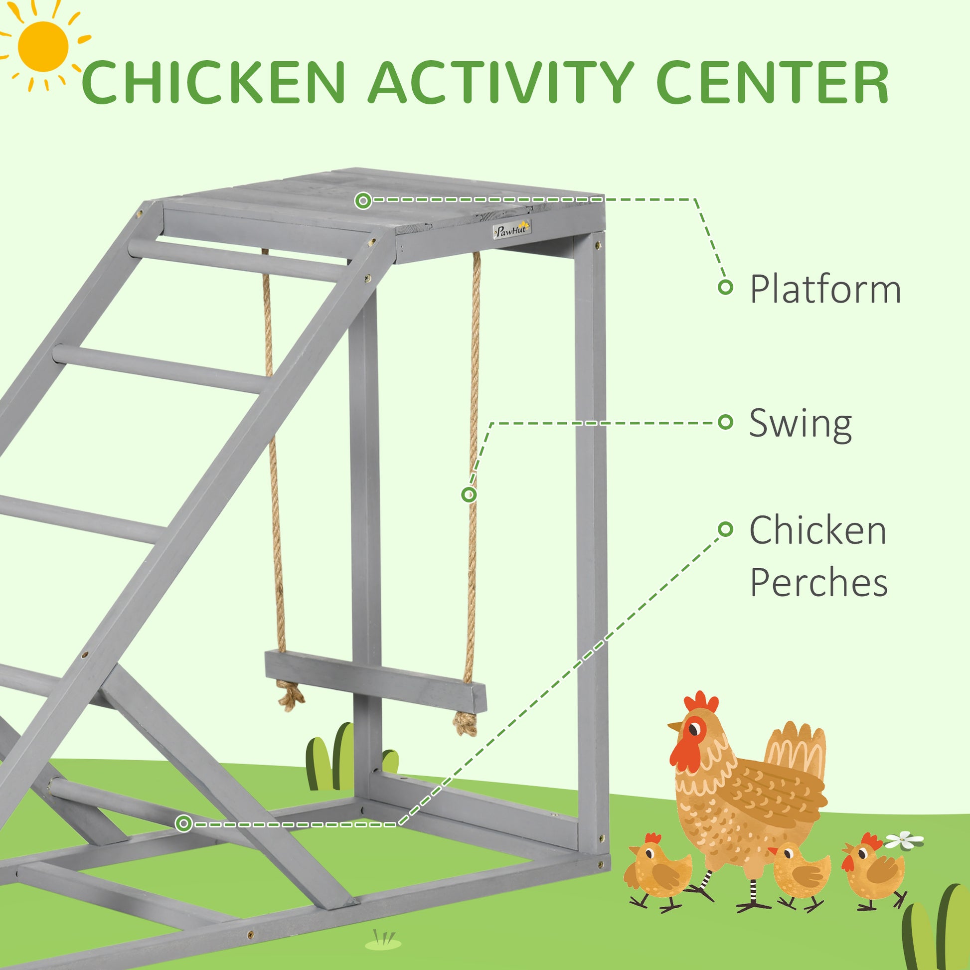 Pawhut Chicken Activity Play For Healthy & Happy Animals, Swing Set With Chicken Perches & Hen Ladder, Chicken Coop Toy, Gray Gray Wood