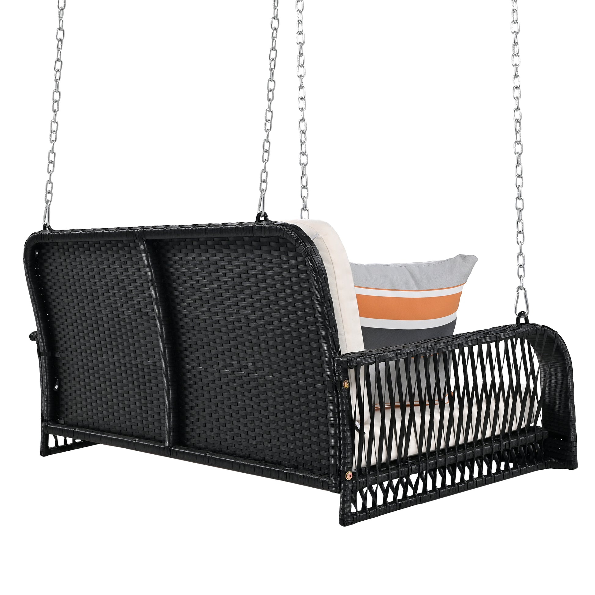 Pe Wicker Porch Swing, 2 Seater Hanging Bench With Chains, Patio Furniture Swing For Backyard Garden Poolside, Black And Beige Beige Black Foam Wicker
