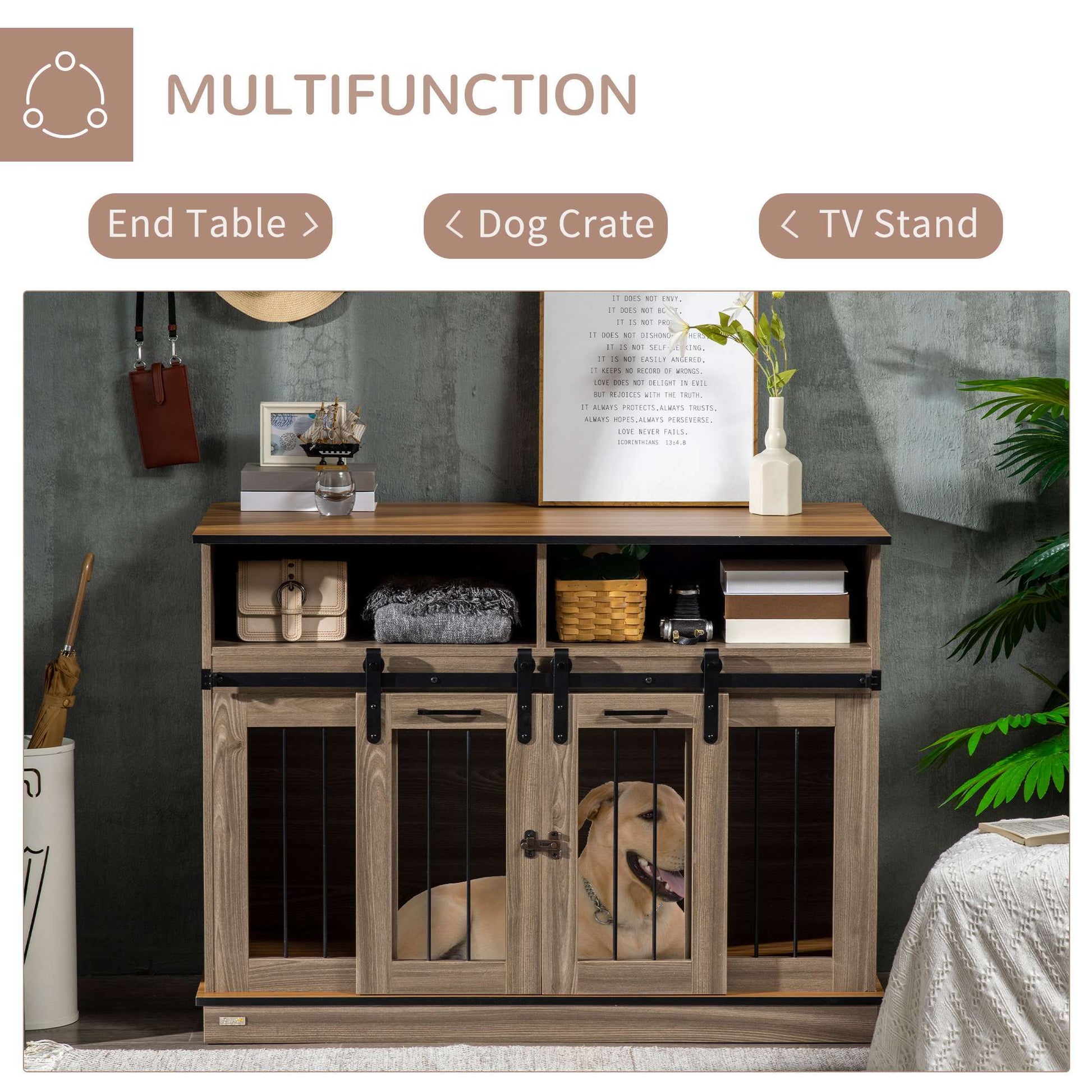 Pawhut Dog Crate Furniture For Large Dogs Or Double Dog Kennel For Small Dogs With Shelves, Sliding Doors, 47" X 23.5" X 35", Oak Natural Steel