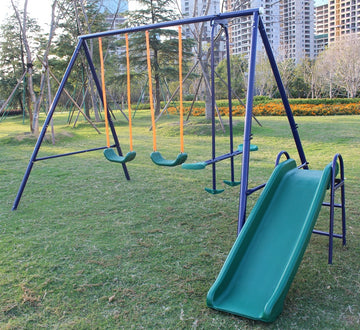 A Frame Metal Swing Set W Slide Blue, Green, Orange Blue Polyethylene