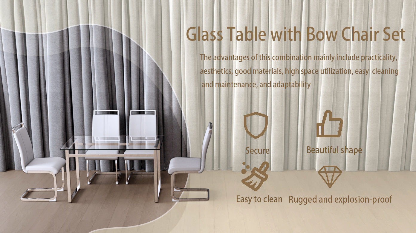 51 Inch Glass Dining Table Set For 4, Dining Table & Chair Sets With Silver Plating Legs For Kitchen, Modern Rectangle Tempered Glass Table Top And Pu Dining Armless Chair For Dining Room