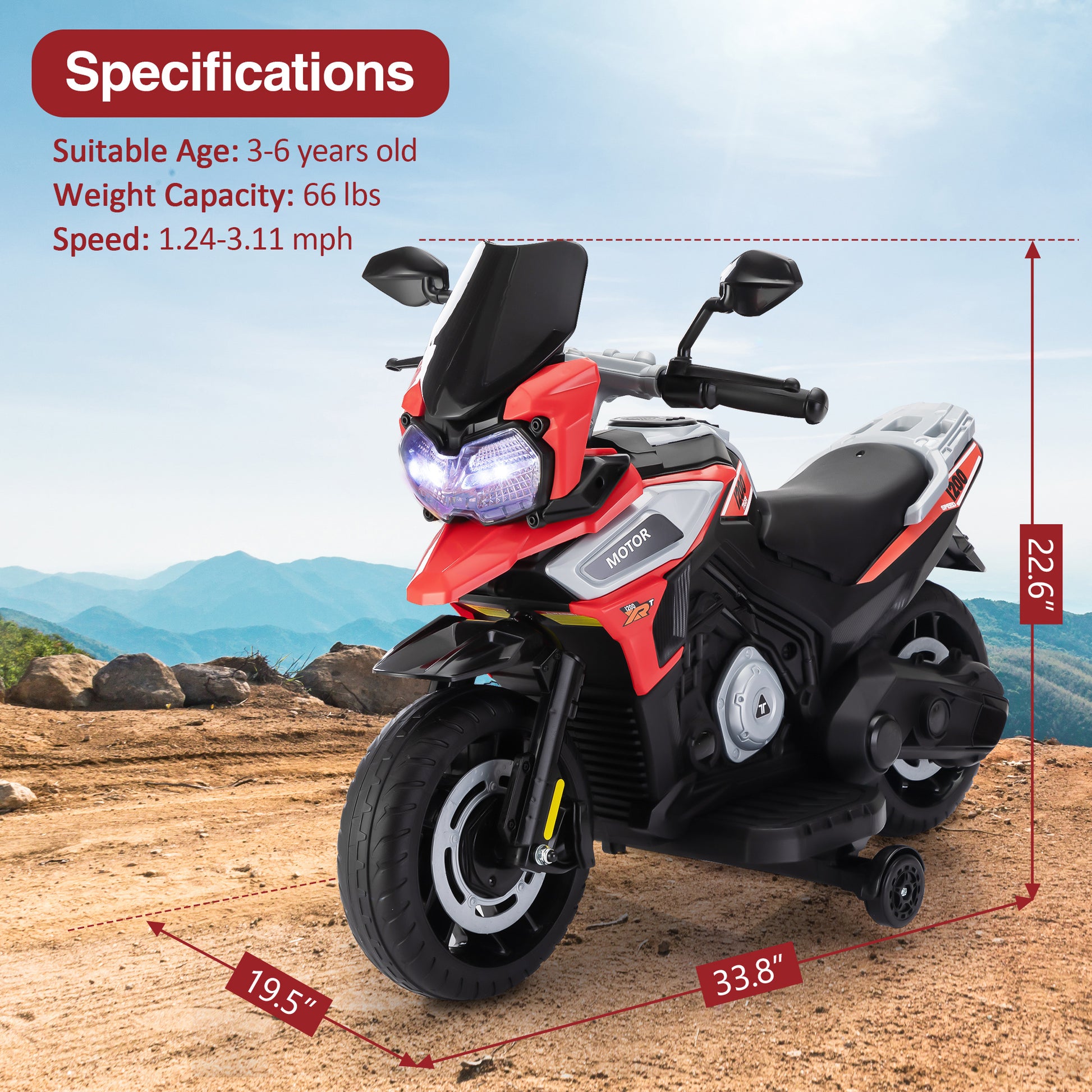 12V Off Road Motorcycleelectric Motor Toy Bike With Training Wheels For Kids 3 6, Red Red Polypropylene