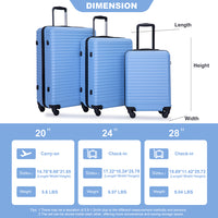 3 Piece Luggage Sets Abs Lightweight Suitcase With Two Hooks, Spinner Wheels, Tsa Lock, 20 24 28 Light Blue Light Blue Abs