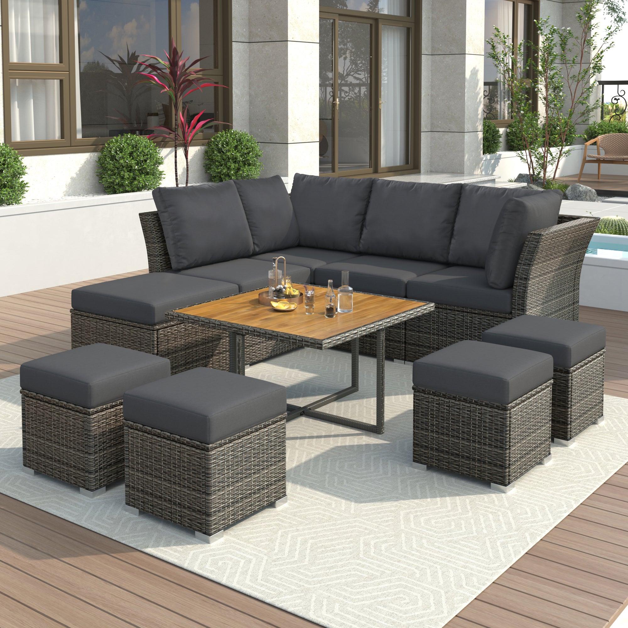 Patio Furniture Set, 10 Piece Outdoor Conversation Set, Coffeetable With Ottomans, Solid Wood Coffee Table Grey Rattan