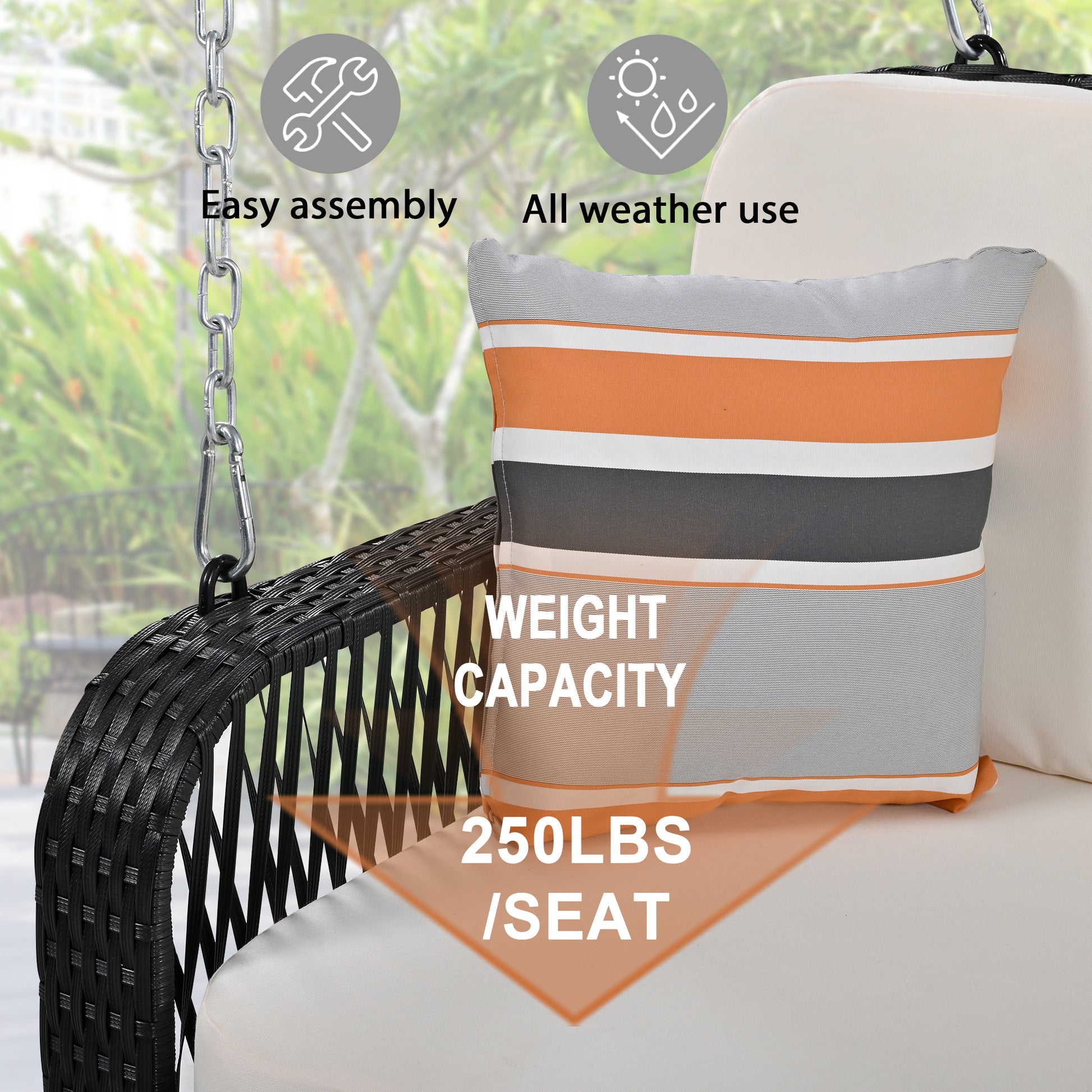 Pe Wicker Porch Swing, 2 Seater Hanging Bench With Chains, Patio Furniture Swing For Backyard Garden Poolside, Black And Beige Beige Black Foam Wicker