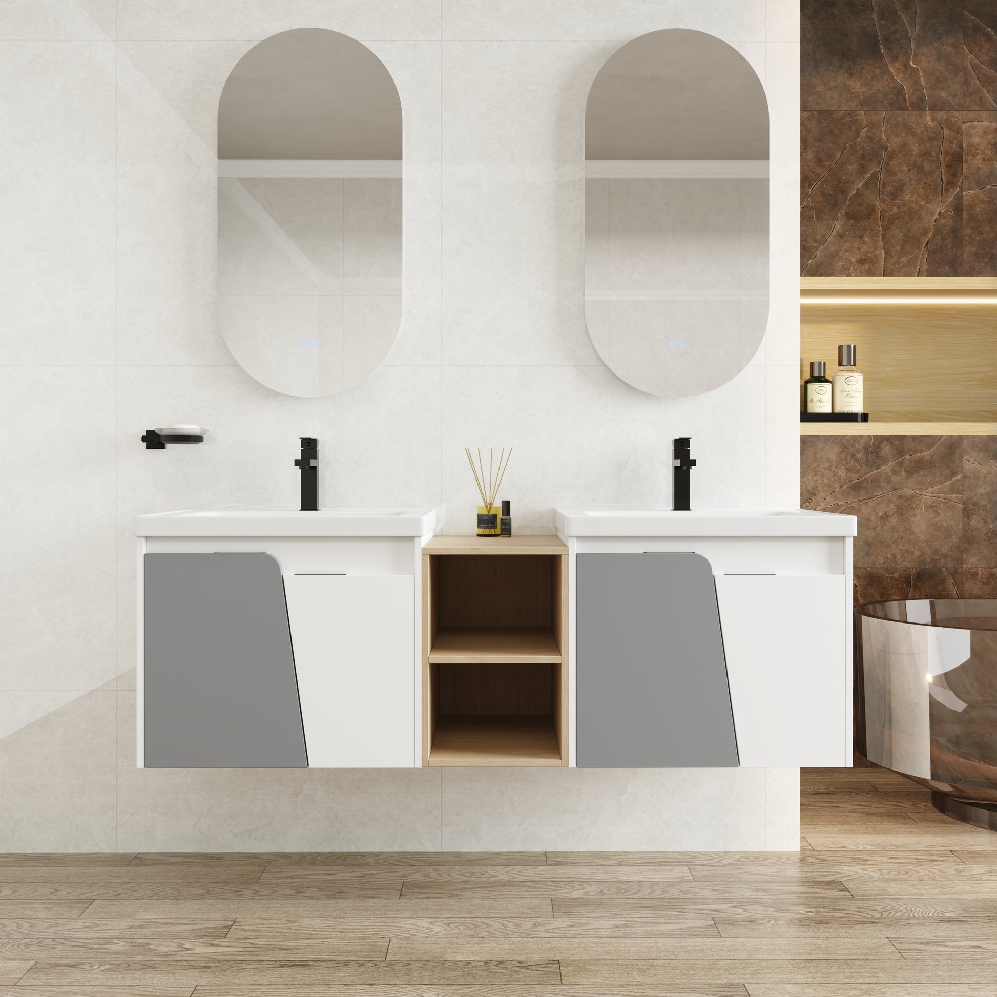 60 Inch Wall Mounted Bathroom Vanity With Sink, And A Small Storage Shelves Kd Packing White Bathroom Wall Mounted Modern Plywood