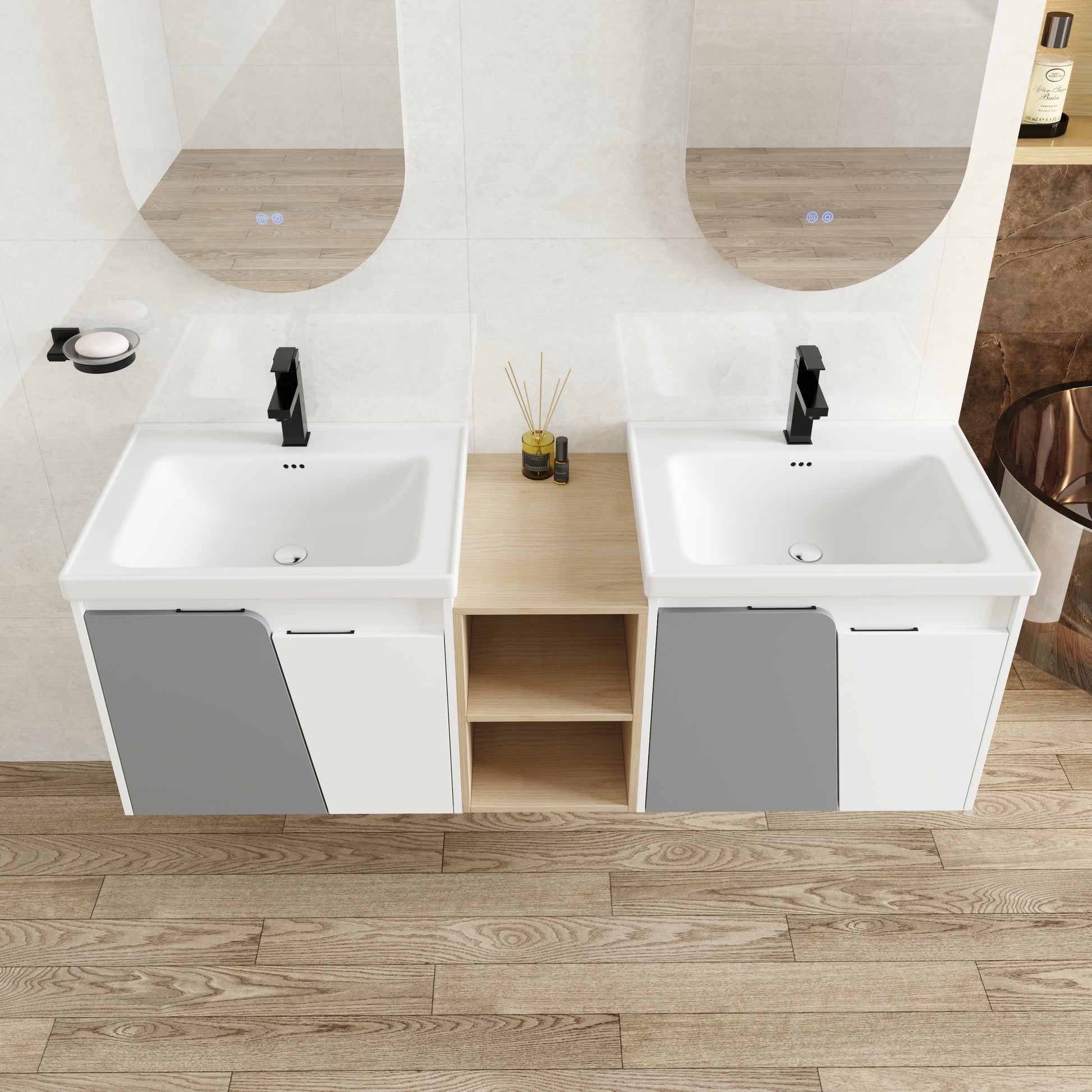 60 Inch Wall Mounted Bathroom Vanity With Sink, And A Small Storage Shelves Kd Packing White Bathroom Wall Mounted Modern Plywood