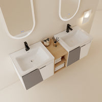 60 Inch Wall Mounted Bathroom Vanity With Sink, And A Small Storage Shelves Kd Packing White Bathroom Wall Mounted Modern Plywood