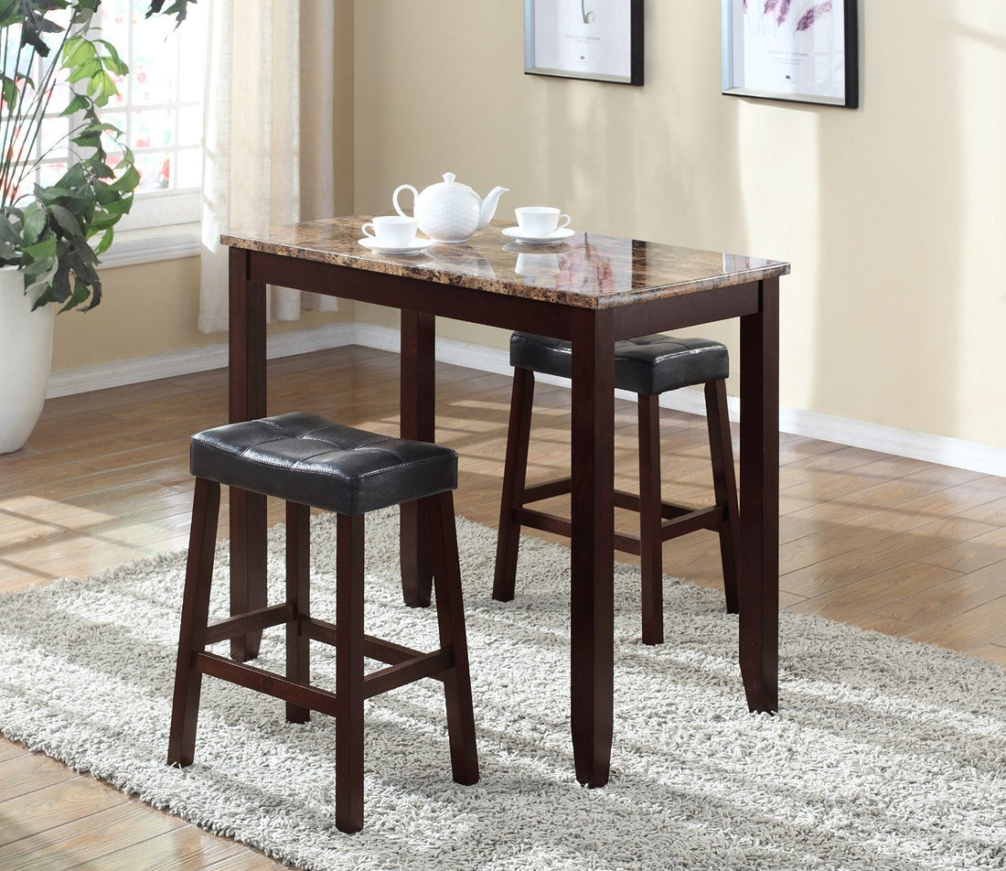 3 Piece Counter Height Glossy Print Marble Breakfast Table With Stools, Espresso Espresso Wood