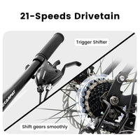 A2660 Ecarpat Mountain Bike 26 Inch Wheels, 21 Speed Full Suspension Mens Womens Trail Commuter City Mountain Bike, Carbon Steel Frame Disc Brakes Thumb Shifter Front Fork Rear Shock Absorber Bicycles Gray Carbon Steel