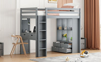 Twin Size Loft Bed With Large Shelves, Writing Desk And Led Light, Gray Gray Solid Wood Mdf