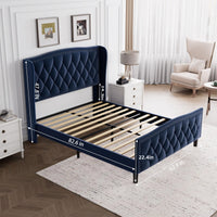 Queen Size Bed Frame, Modern Upholstered Platform Bed With Wingback Headboard, Velvet Bed Frame With Wood Slat Support, Easy Assembly, No Box Spring Needed Blue, Queen Blue Iron