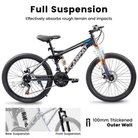 Ecarpat Mountain Bike 24 Inch Wheels, 21 Speed Full Suspension Mens Womens Trail Commuter City Mountain Bike, Carbon Steel Frame Disc Brakes Grip Shifter Front Fork Rear Shock Absorber Bicycles Black Carbon Steel