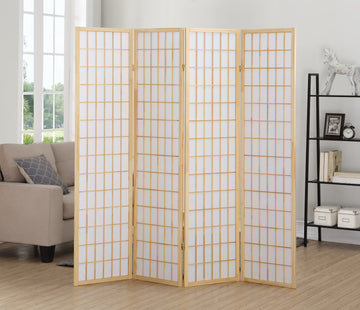 4 Panel Oriental Shoji Screen Room Divider, Natural Natural Wood Paper