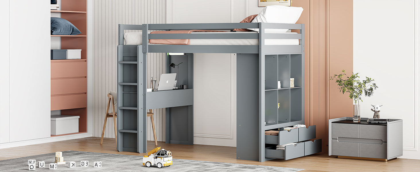 Twin Size Loft Bed With Large Shelves, Writing Desk And Led Light, Gray Gray Solid Wood Mdf