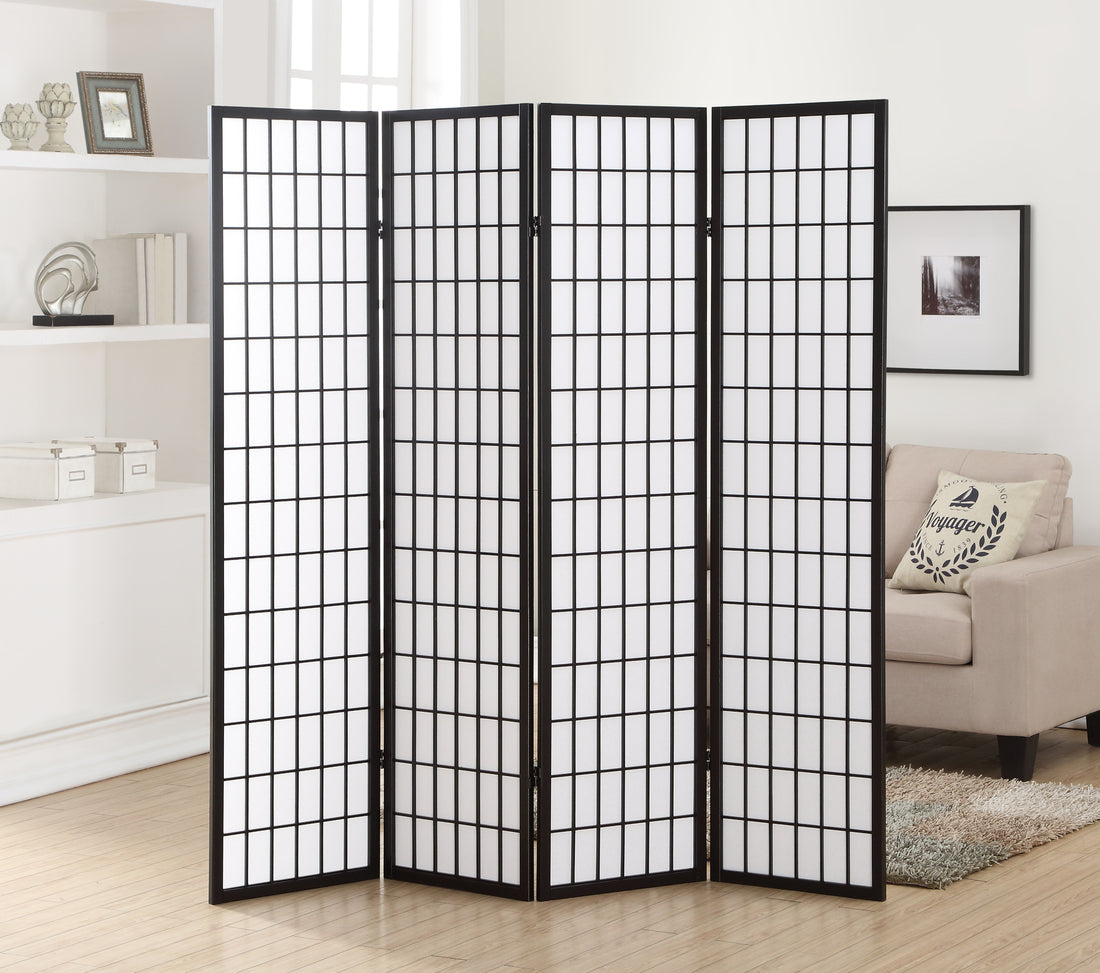 4 Panel Oriental Shoji Screen Room Divider, Black Black Wood Paper