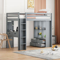 Twin Size Loft Bed With Large Shelves, Writing Desk And Led Light, Gray Gray Solid Wood Mdf