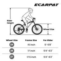 A2660 Ecarpat Mountain Bike 26 Inch Wheels, 21 Speed Full Suspension Mens Womens Trail Commuter City Mountain Bike, Carbon Steel Frame Disc Brakes Thumb Shifter Front Fork Rear Shock Absorber Bicycles Black Carbon Steel