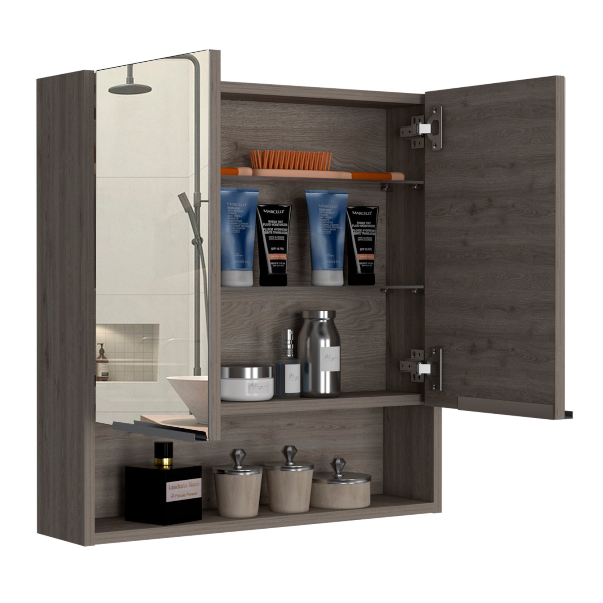 Mirror Medicine Cabinet, One Open Shelf, Three Interior Shelves, Light Gray Gray Particle Board Particle Board