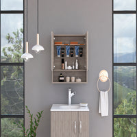 Mirror Medicine Cabinet, One Open Shelf, Three Interior Shelves, Light Gray Gray Particle Board Particle Board