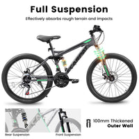 A2660 Ecarpat Mountain Bike 26 Inch Wheels, 21 Speed Full Suspension Mens Womens Trail Commuter City Mountain Bike, Carbon Steel Frame Disc Brakes Thumb Shifter Front Fork Rear Shock Absorber Bicycles Gray Carbon Steel