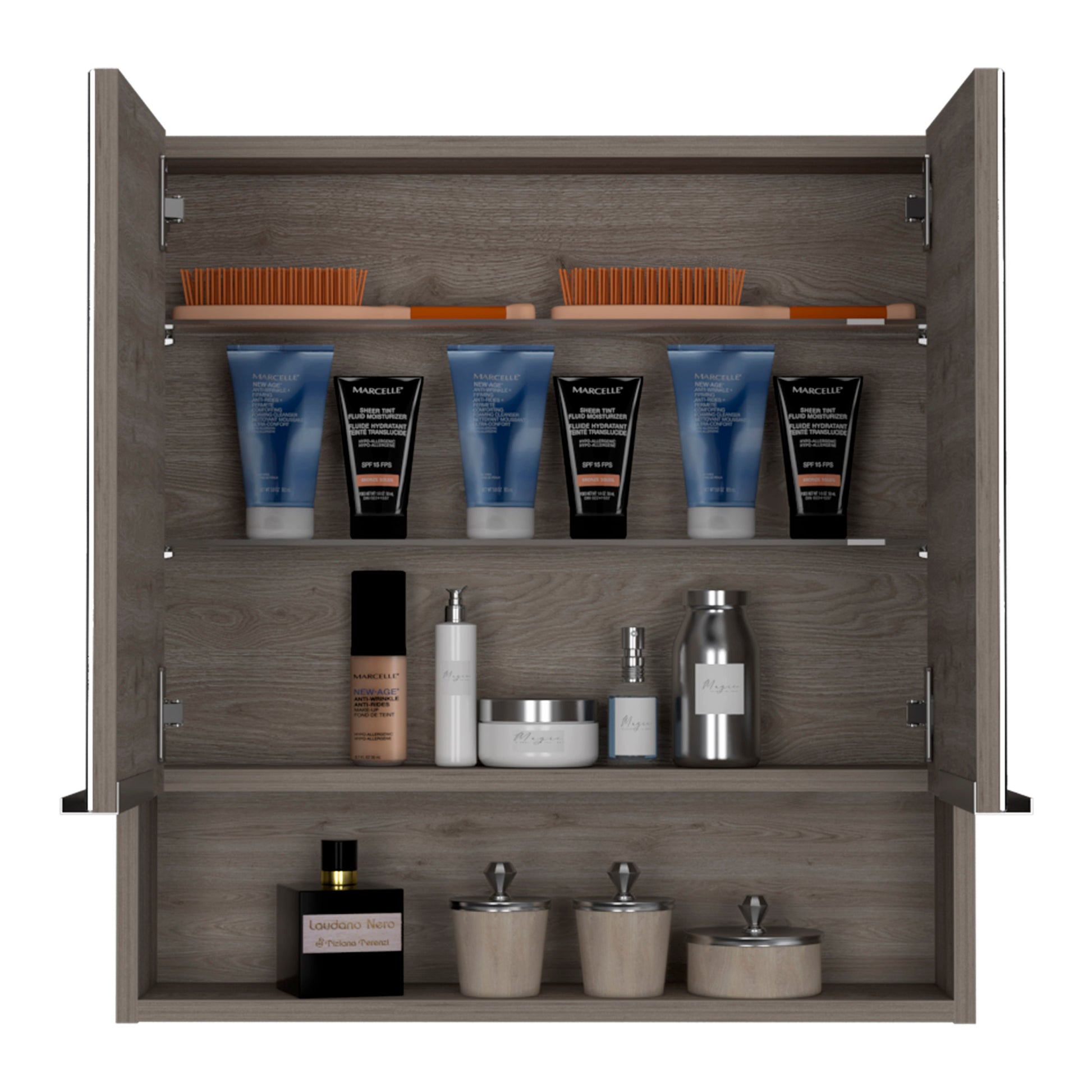 Medicine Cabinet, One Open Shelf, Three Interior Shelves, Light Gray Gray Particle Board Particle Board