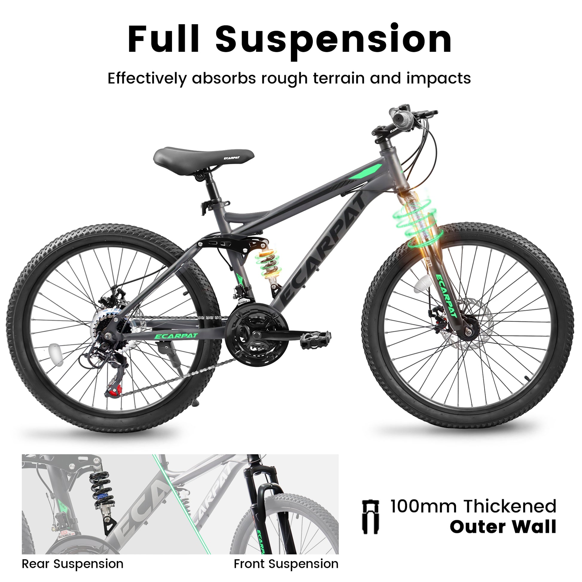 Ecarpat Mountain Bike 24 Inch Wheels, 21 Speed Full Suspension Mens Womens Trail Commuter City Mountain Bike, Carbon Steel Frame Disc Brakes Grip Shifter Front Fork Rear Shock Absorber Bicycles Gray Carbon Steel