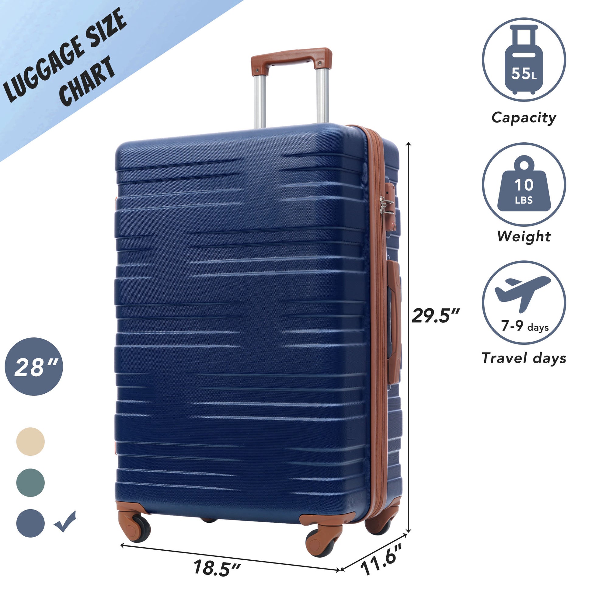 Luggage With Tsa Lock Spinner Wheels Hardside Expandable Luggage Travel Suitcase Check In Luggage Abs 28" Blue Brown Abs