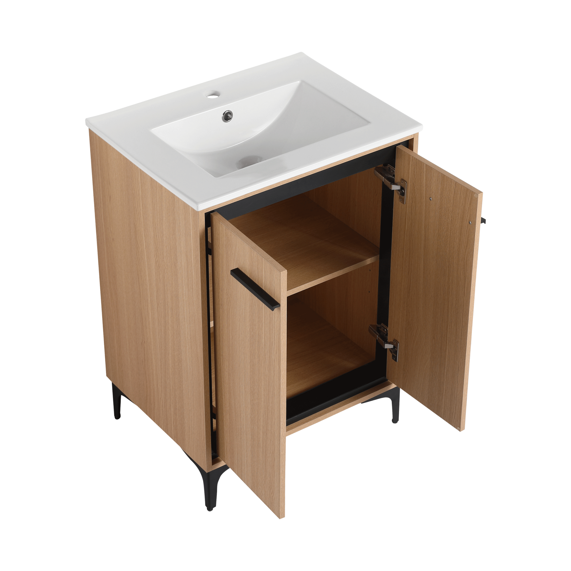 24 Inch Bathroom Vanity Base With Basin, Storage Cabinet With Doors, Engineered Wood Oak Bathroom American Design Ceramic Engineered Wood