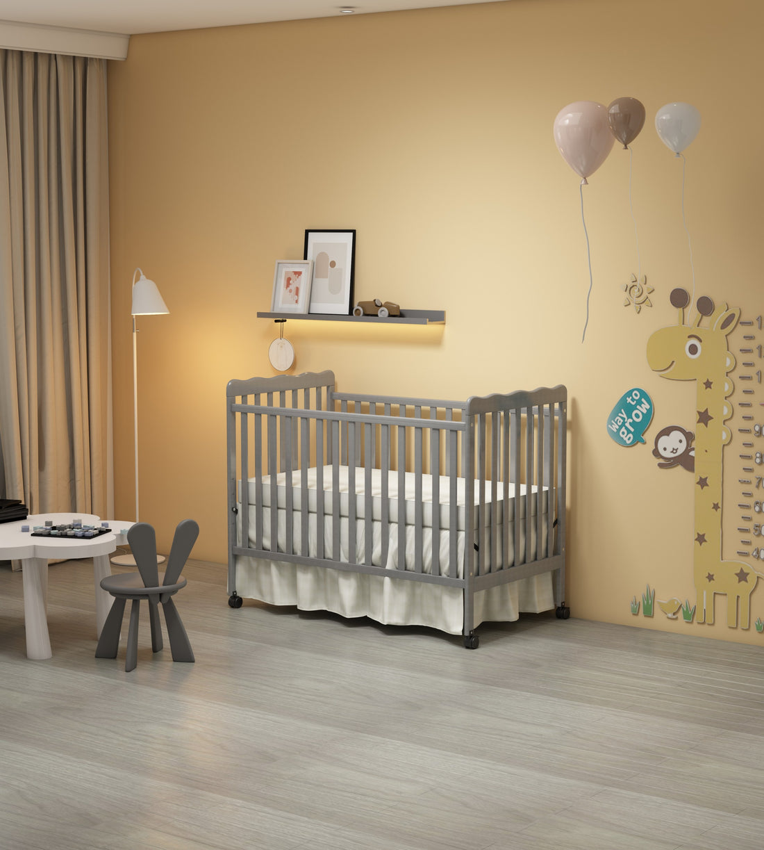 3 In 1 Convertible Crib In Storm Grey, Made Of Sustainable Pinewood, Non Toxic Finish, Comes With Locking Wheels, Wooden Nursery Furniture Stone Gray Wood