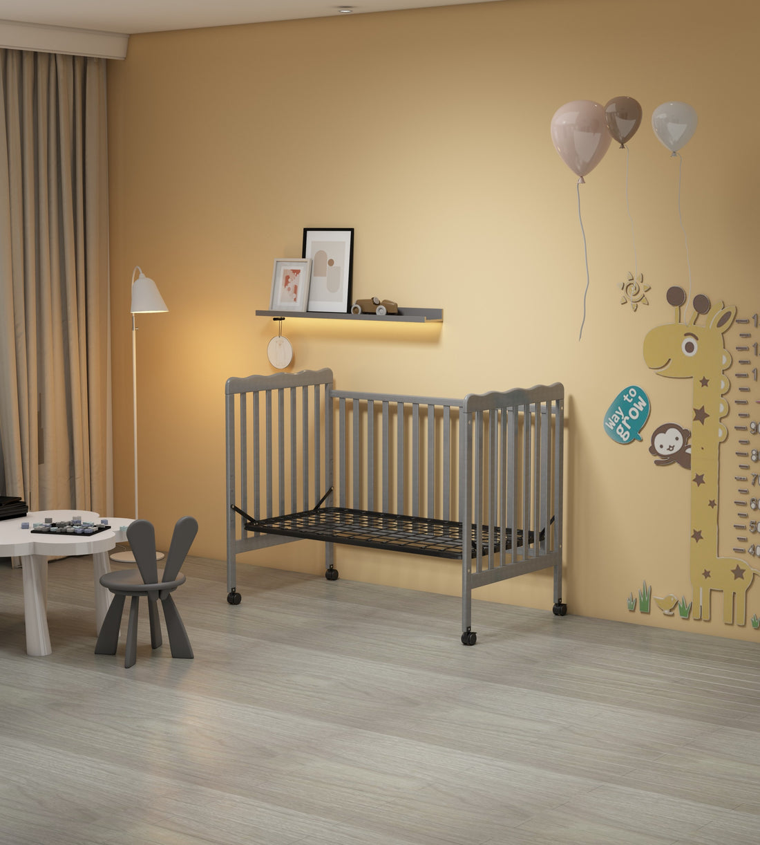 3 In 1 Convertible Crib In Storm Grey, Made Of Sustainable Pinewood, Non Toxic Finish, Comes With Locking Wheels, Wooden Nursery Furniture Stone Gray Wood