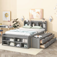 Full Bed With Bookcase Headboard, Under Bed Storage Drawers And Bed End Storage Case,Grey Full Grey American Design Pine