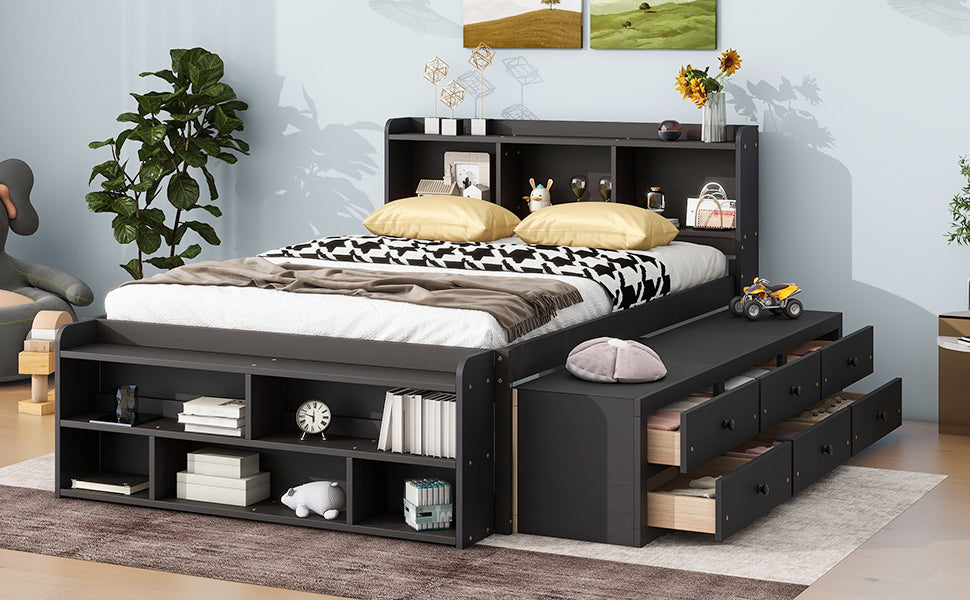 Full Bed With Bookcase Headboard, Under Bed Storage Drawers And Bed End Storage Case,Espresso Full Espresso American Design Pine